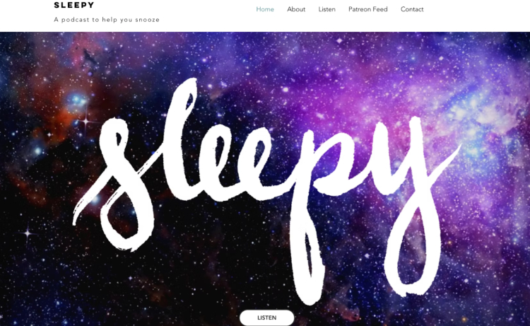 Sleepy, a popular podcast designed to help listeners relax and fall asleep, featuring bedtime stories read in a soothing voice against a cosmic-themed background.