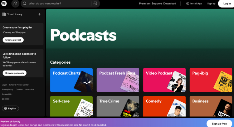 Spotify’s podcast homepage displaying various categories, showcasing how creators can distribute effective content across different genres for better audience engagement.