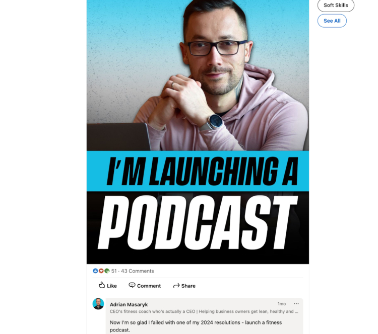 A LinkedIn post featuring Adrian Masaryk announcing the launch of his podcast as a key content marketing strategy to grow his audience and brand authority.