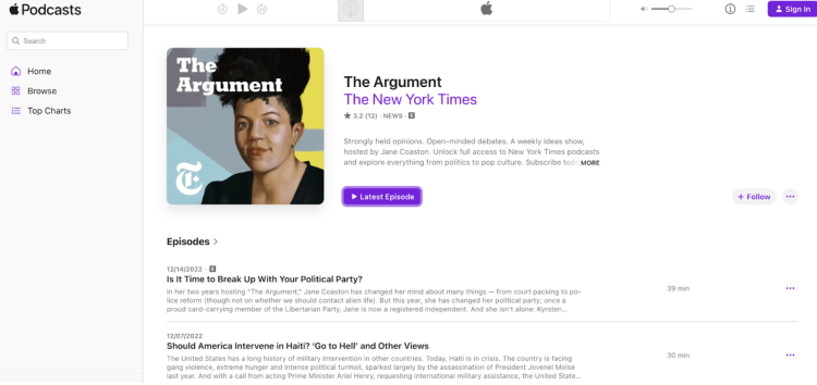 The Argument podcast on Apple Podcasts, a New York Times debate show featuring discussions on politics, culture, and current events with host Jane Coaston.