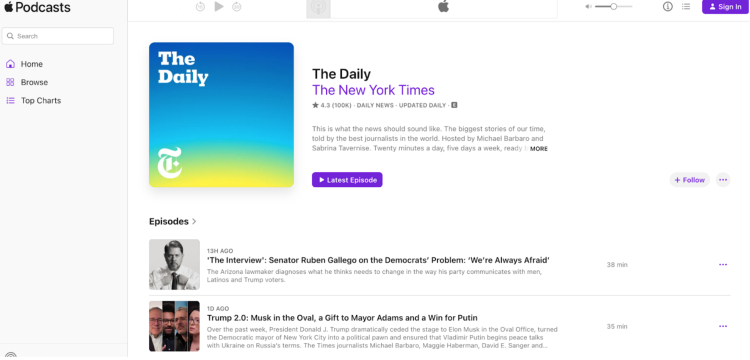 The Daily podcast by The New York Times, displayed on Apple Podcasts, featuring daily episodes covering major global stories like news updates in a concise format.