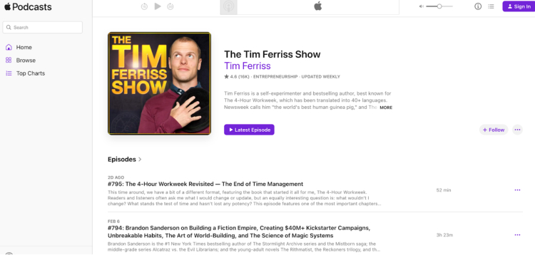 The Tim Ferriss Show solo podcast page on Apple Podcasts, featuring episodes on entrepreneurship, self-experimentation, and productivity insights.