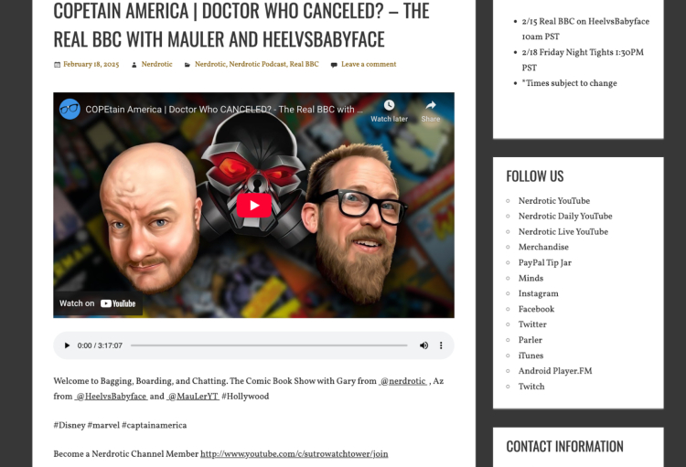 Screenshot of The Real BBC podcast episode titled "COPETAIN AMERICA | DOCTOR WHO CANCELED?" featuring Mauler and HeelvsBabyface, highlighting one of the best examples of a podcast description with engaging keywords and a detailed summary.