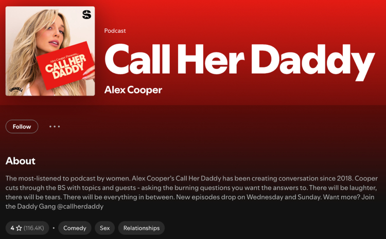 Image of the "Call Her Daddy" podcast page with a bold red background and a brief podcast description highlighting its focus on candid conversations about relationships, sex, and life.