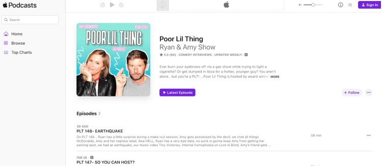 The Poor Lil Thing podcast cover on Apple Podcasts, featuring hosts Ryan and Amy with a bright green background and playful typography. The episode list includes humorous titles and descriptions, highlighting the show's comedy theme.