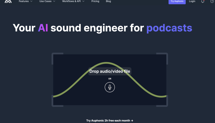 Screenshot of Auphonic's website promoting its AI sound engineer tool for podcasts, highlighting how it can help you write effective podcast descriptions effortlessly.