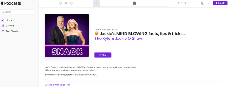 The Kyle & Jackie O Show podcast cover image on Apple Podcasts, featuring hosts Kyle and Jackie with the title "Jackie's MIND BLOWING facts, tips & tricks" and a purple theme.