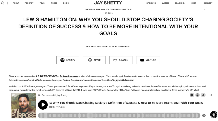 Screenshot of Jay Shetty's podcast featuring Lewis Hamilton, with a description providing insights into redefining success and setting intentional goals.