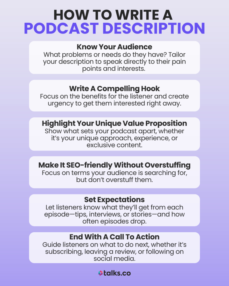 Image displaying a step-by-step guide on how to write a podcast description, including tips like knowing your audience, writing a compelling hook, and ending with a call to action.