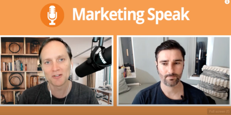 A split-screen image showing two podcasters in a Zoom video recording session with the "Marketing Speak" logo at the top, highlighting the option to choose to record on Zoom for podcast interviews.