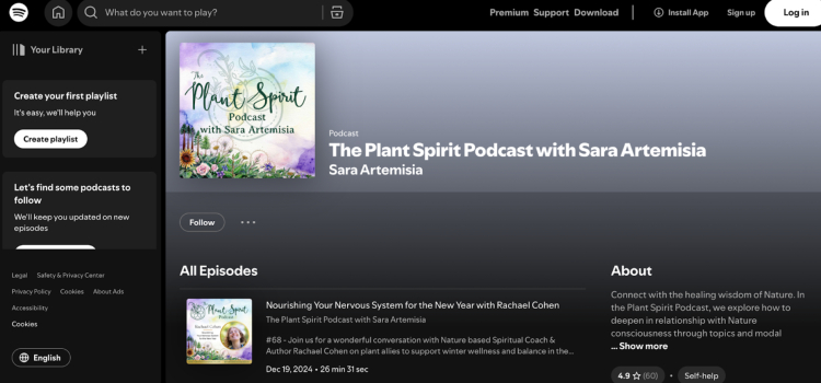 The Spotify page of The Plant Spirit Podcast hosted by Sara Artemesia, showcasing podcast episodes focused on health, wellness, and the healing power of nature.