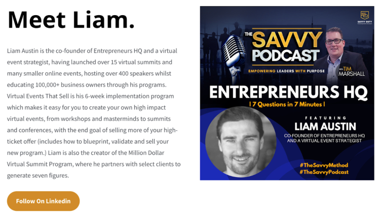 A feature image of Liam Austin on "The Savvy Podcast" discussing entrepreneurship and virtual events, highlighting his expertise as the co-founder of Entrepreneurs HQ.