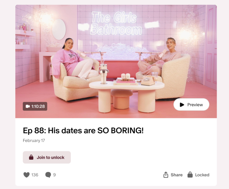 The Girls Bathroom Podcast episode titled "Ep 88: His dates are SO BORING!" featuring two hosts sitting in a pink-themed studio, discussing relationships and dating topics.