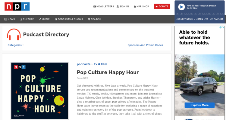 NPR's Pop Culture Happy Hour podcast page showcasing the podcast's logo and a description highlighting discussions on movies, TV, music, and pop culture with a rotating cast of guest speakers.