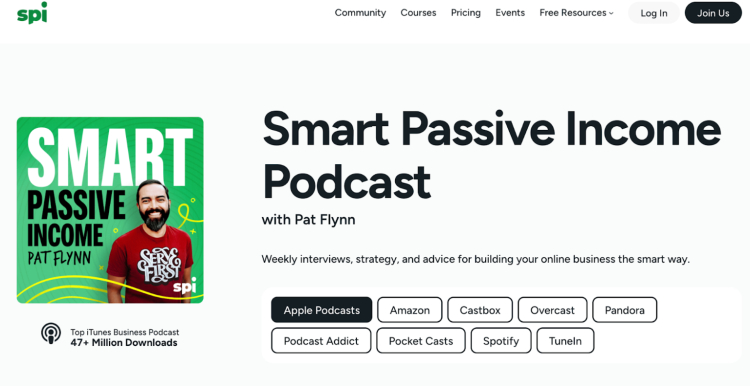 Image of the Smart Passive Income Podcast page featuring Pat Flynn, with a description that starts directly and is optimized for SEO, highlighting weekly interviews and strategies for building online businesses.