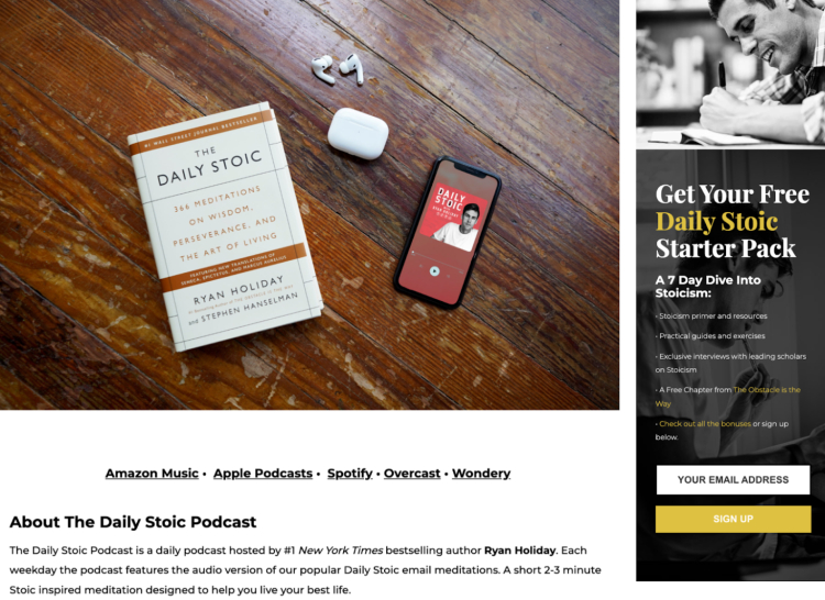 Image of The Daily Stoic book and podcast displayed on a wooden floor, with a sidebar offering a free Daily Stoic Starter Pack, highlighting how the description also sets clear expectations for listeners.