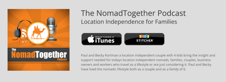 The NomadTogether Podcast cover image featuring icons for iTunes and Stitcher, with a description about location independence for families and hosts Paul and Becky Kortman.