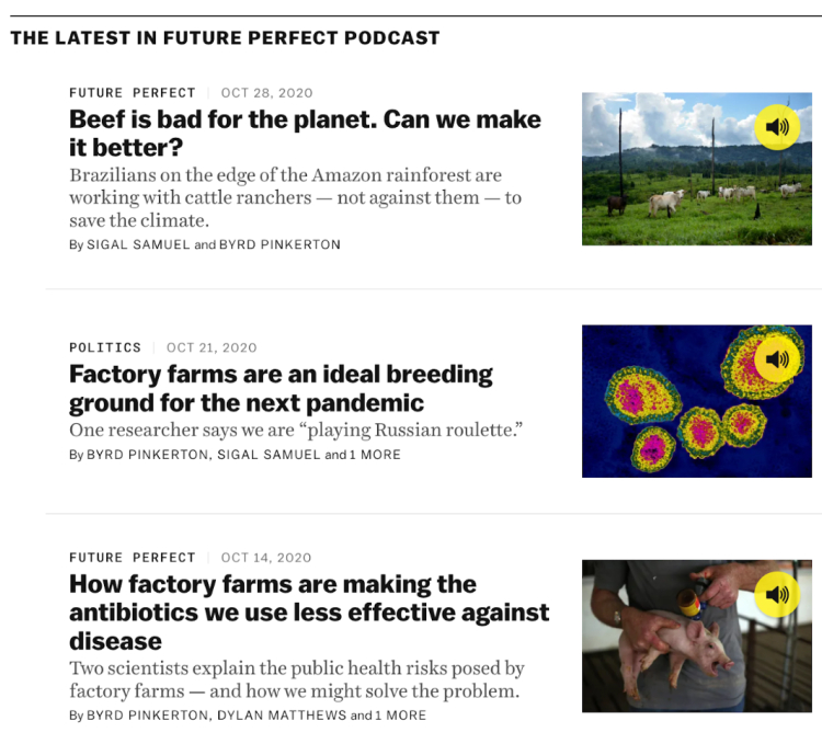 A list of Future Perfect podcast episodes covering topics like environmental impact, factory farming risks, and antibiotic resistance.