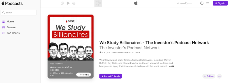 Image of the We Study Billionaires podcast page on Apple Podcasts, featuring a description or summary that provides insights and lessons from top financial billionaires.