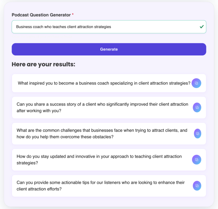 AI-generated podcast interview questions for a business coach teaching client attraction strategies.