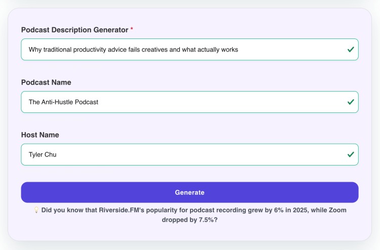 Create engaging podcast descriptions easily, as shown in this example from Talks.co.