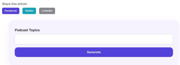 Talks.co podcast title generator interface showing a blank field to customize your podcast topic and generate personalized title ideas.