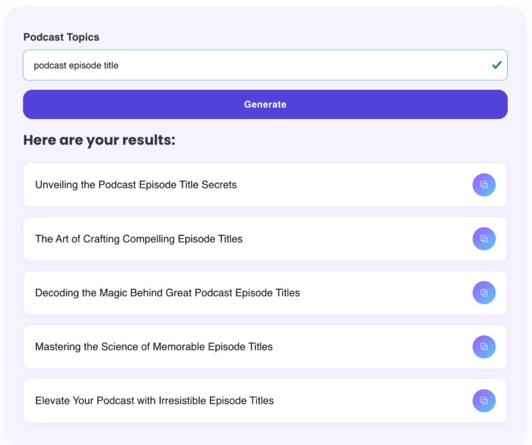 Screenshot of the Talks.co podcast title generator showing creative podcast title suggestions using the input "podcast episode title."