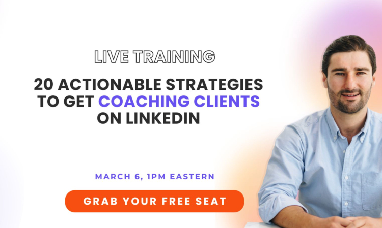 Live training promotional banner featuring Liam Austin, offering 20 actionable strategies to generate coaching clients using LinkedIn.