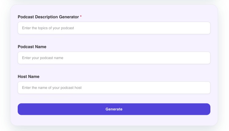 Generate podcast descriptions easily with the Talks.co Podcast Description Generator by entering your podcast topic, name, and host details.