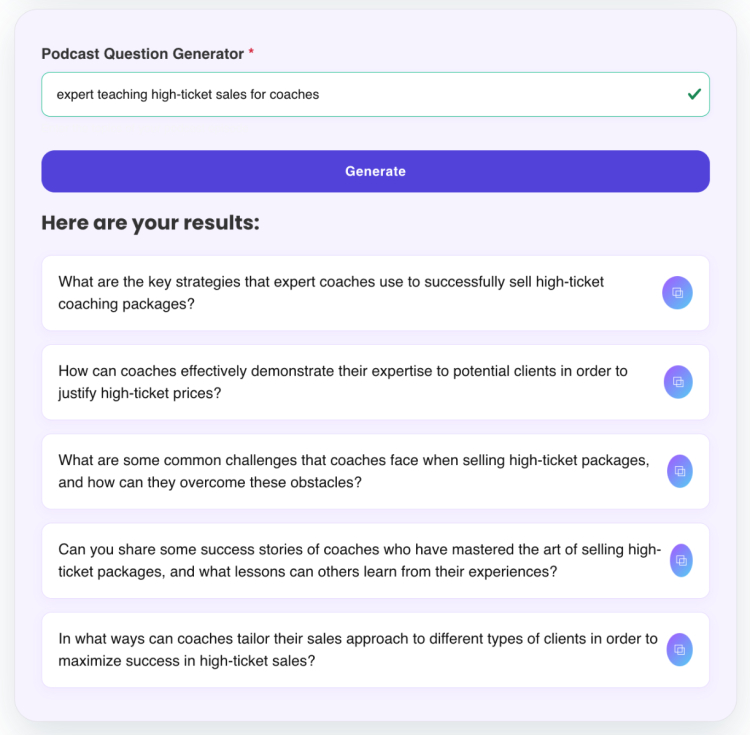 Screenshot of podcast questions generated for an expert teaching high-ticket sales strategies for coaches.