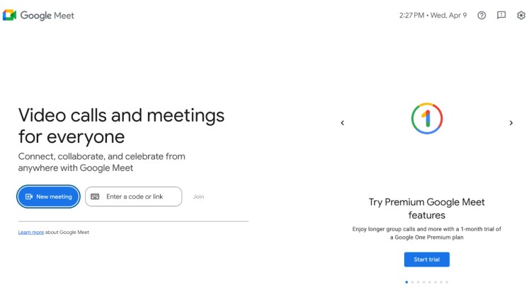 Screenshot of the Google Meet homepage with options to start or join a video meeting, showcasing it as a free tool for recording the podcast remotely.