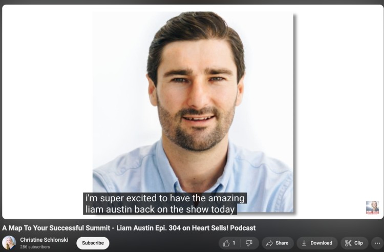 Screenshot from the Heart Sells! Podcast episode featuring Liam Austin with transcript subtitle saying "i'm super excited to have the amazing liam austin back on the show today.