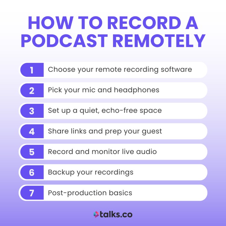 Infographic listing 7 essential steps to know how to record a podcast remotely, including software, gear, setup, guest prep, and post-production.