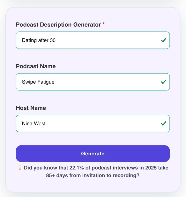 Podcast description creation example for the Swipe Fatigue podcast hosted by Nina West, focused on dating after 30, using an AI podcast description generator.