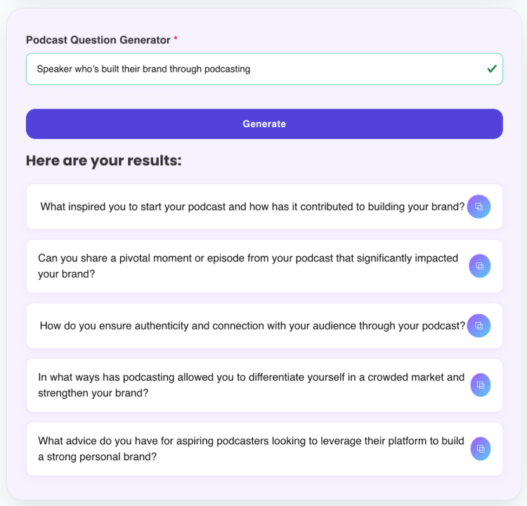 AI-generated podcast questions that tap into how speakers have built their personal brand through podcasting.