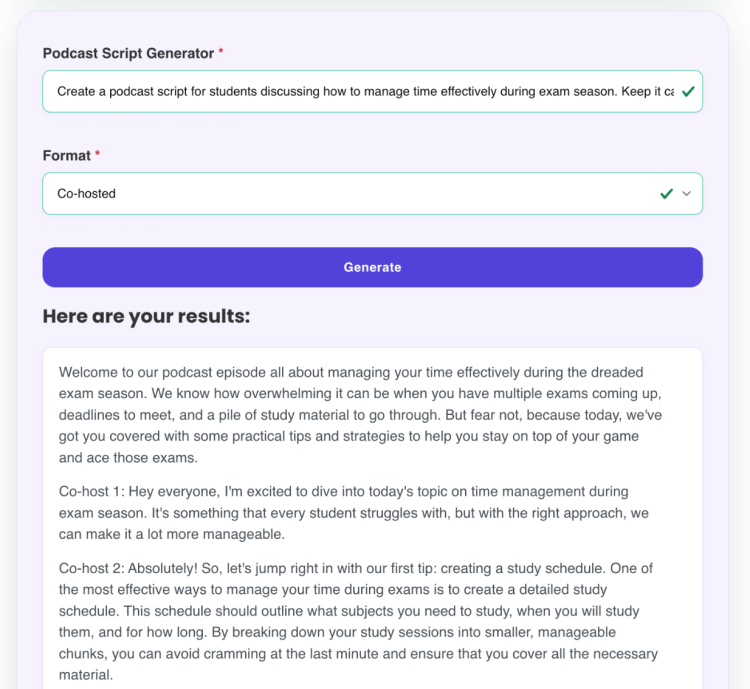 AI-generated script result from a podcast script generator showing a co-hosted episode for students on managing time effectively during exam season.