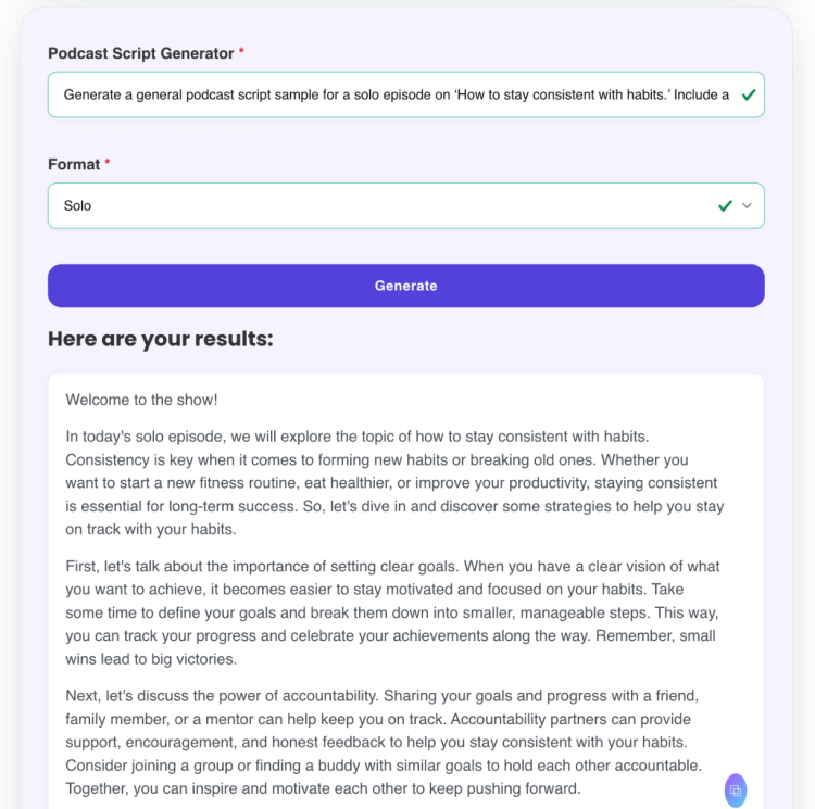 AI-generated script example for a solo podcast episode about how to stay consistent with habits.