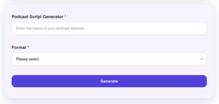 Talks.co podcast script generator helps plan your next episode fast with customizable format and topic entry fields.
