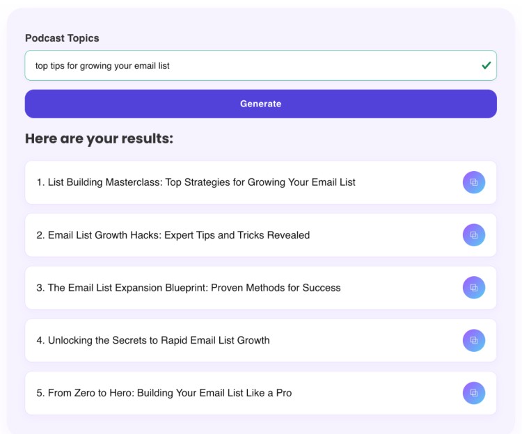 Screenshot of the Talks podcast title generator showing results to help craft titles for a podcast episode on growing your email list.