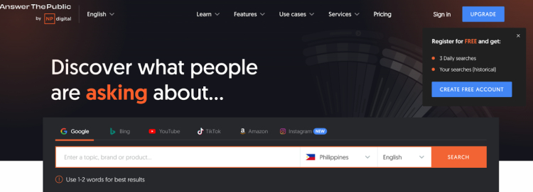 Screenshot of AnswerThePublic, a tool for content creators that helps users discover what people are searching for on platforms like Google, YouTube, and TikTok.