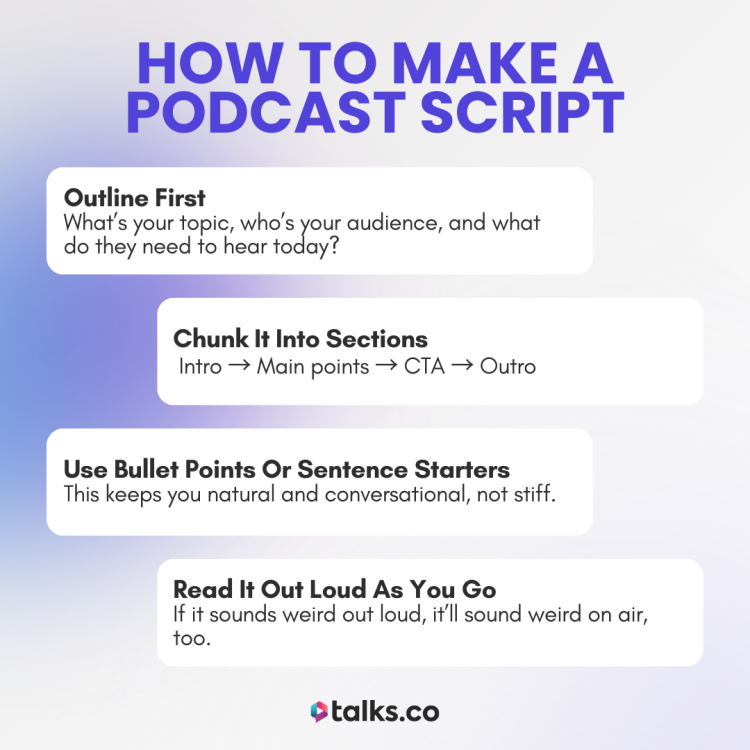 Visual guide for writing podcast scripts including outlining, sectioning, bullet points, and reading out loud.