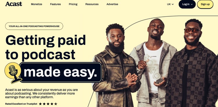 Acast podcasting homepage promoting how creators can get paid easily through their platform