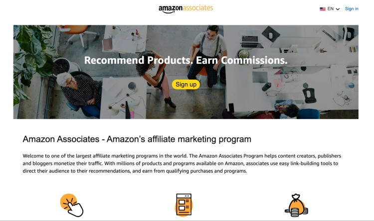 Screenshot of the Amazon Associates affiliate program homepage promoting partnerships to earn commissions through product recommendations.