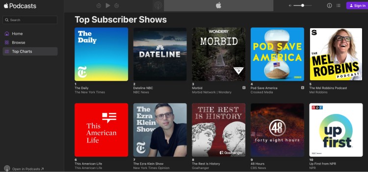 Apple Podcast interface showing top subscriber shows including The Daily, Dateline NBC, Morbid, Pod Save America, and more
