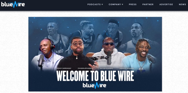 Blue Wire podcasting network homepage featuring athlete hosts and sports content