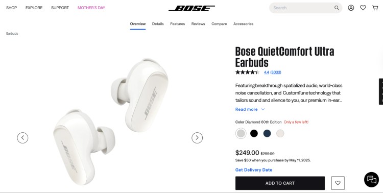 Bose QuietComfort Ultra Earbuds product page – a top-tier gift idea for podcast listeners seeking premium sound