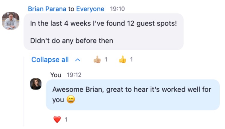 Screenshot of Brian Parana celebrating success in landing 12 guest spots on podcasts within four weeks after previously having done none.