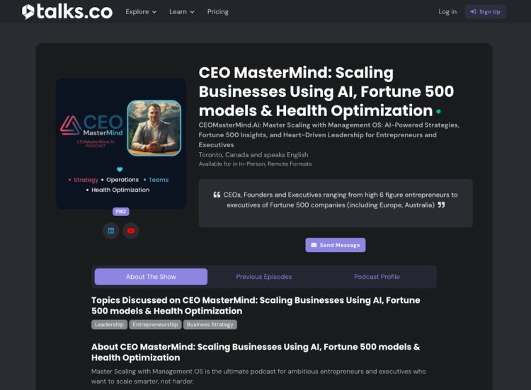 Preview of the CEO MasterMind podcast profile on Talks.co featuring topics like AI, Fortune 500 models, and health optimization.
