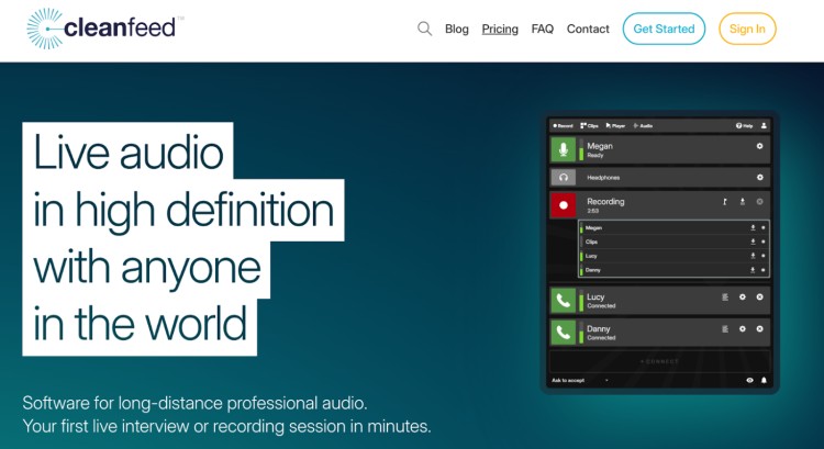 Cleanfeed interface showing live recording with multiple participants for high-definition remote podcast interviews