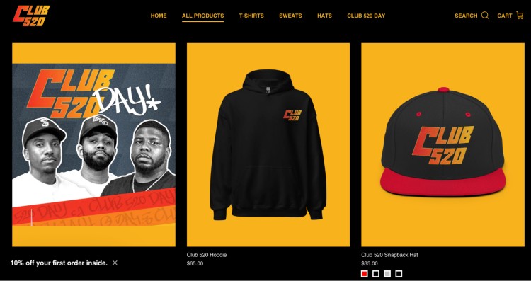 Club 520 merchandise store featuring hoodie, hat, and podcaster branding with bold logo designs